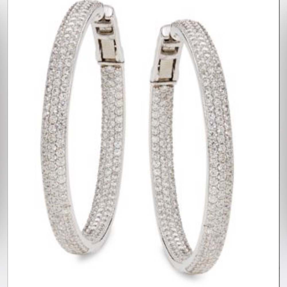 Fabulous 2” Platinum over Sterling Silver & Simulated Diamond Hoop Earrings